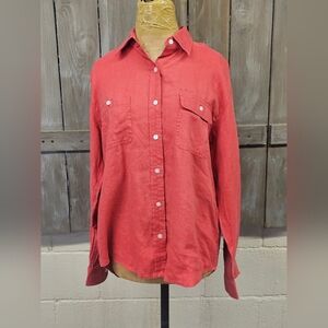 Lauren Ralph Lauren Womens Large Button Up Shirt 100% Linen Roll‎ Tab Sleeve Red